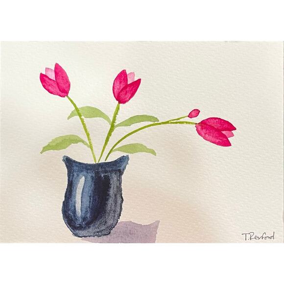 Hand painted watercolor original painting tulips flowers 5x7 - Picture 1 of 1